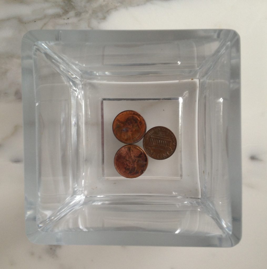 Pennies in a tulip vase.